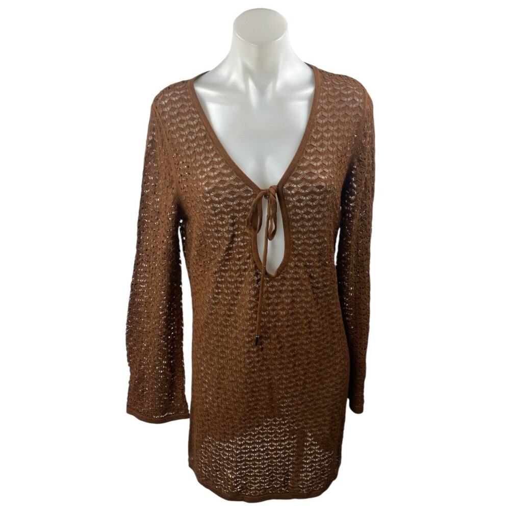 NEW Anrabess Brown Long Sleeve Open Knit Keyhole Beach Cover Up Dress Size S